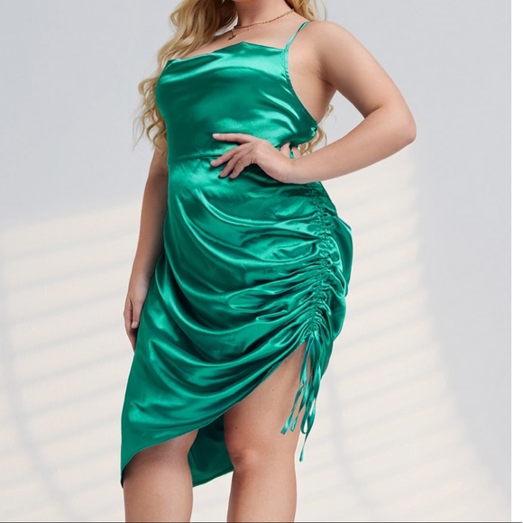 New- Satin Plus Midi Lace Up Backless Drawstring Ruched Cami Dress - Picture 3 of 5